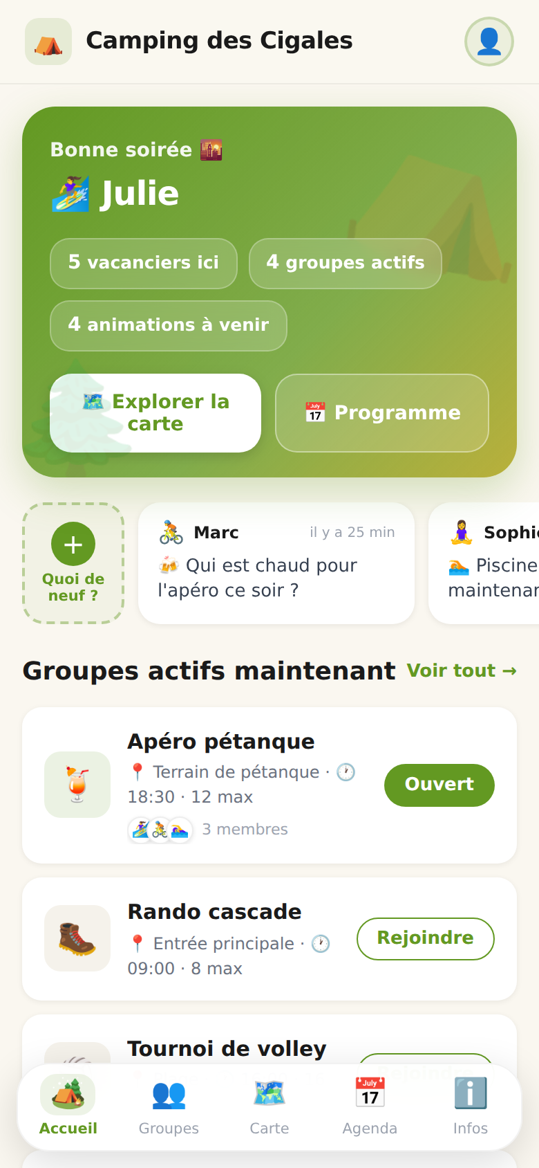 Écran d'accueil de l'app CampConnect