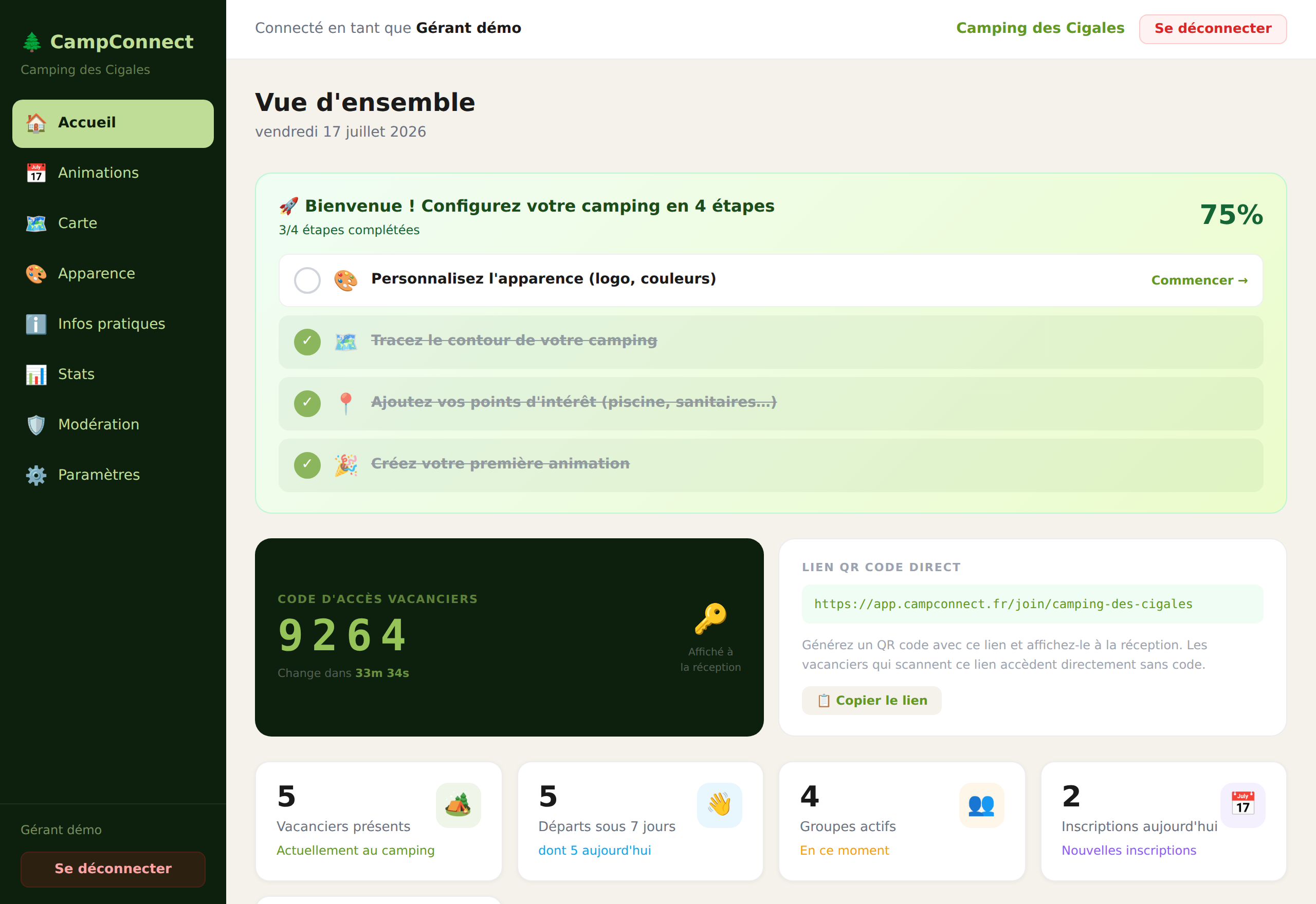 Tableau de bord gérant CampConnect en temps réel